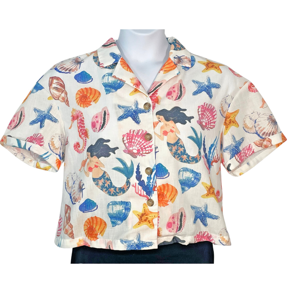 Cider Sz M Boxy Button Down Blouse Short Sleeves Shell & Mermaid Print Beachy